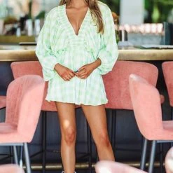 HAZEL & OLIVE Beach Town Plaid Romper - Apple Green