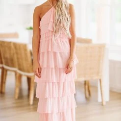 HAZEL & OLIVE Best Of You Tulle Ruffle Maxi Gown - Blush Pink