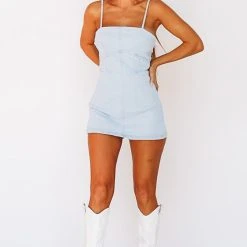 HAZEL & OLIVE Blue Jean Baby Light Denim Romper Dress - Light Blue
