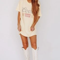 HAZEL & OLIVE Coors Banquet Graphic Tee / T-shirt Dress - Muted Yellow