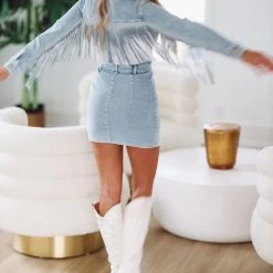 HAZEL & OLIVE Denim Fringe Button Up Dress - Light Blue -HAZEL & OLIVE shop hazel olive denim fringe button up dress light blue 36936178401474