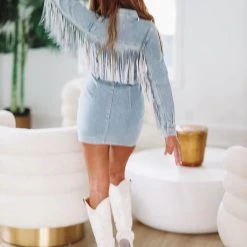 HAZEL & OLIVE Denim Fringe Button Up Dress - Light Blue -HAZEL & OLIVE shop hazel olive denim fringe button up dress light blue 36936178434242