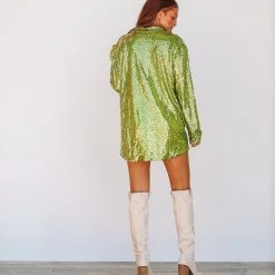 HAZEL & OLIVE Everything Sequin Button Down Dress - Lime Green -HAZEL & OLIVE shop hazel olive everything sequin button down dress lime green 35071971557570