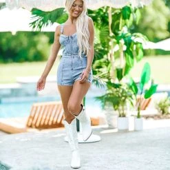 HAZEL & OLIVE Fort Worth Nights Denim Romper - Medium Wash -HAZEL & OLIVE shop hazel olive fort worth nights denim romper medium wash 37527702175938