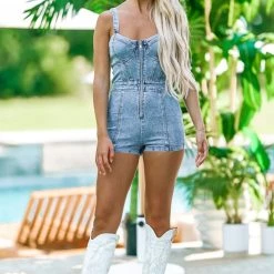 HAZEL & OLIVE Fort Worth Nights Denim Romper - Medium Wash