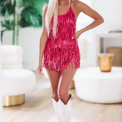 HAZEL & OLIVE Front Stage Sequin Fringe Romper - Hot Pink