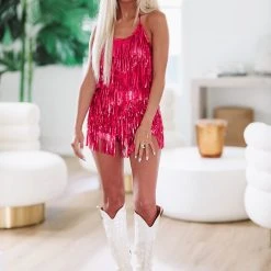 HAZEL & OLIVE Front Stage Sequin Fringe Romper - Hot Pink -HAZEL & OLIVE shop hazel olive front stage sequin fringe romper hot pink 37219092005058