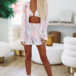 HAZEL & OLIVE Groovy Baby Button Down Top And Bralette - Pink And Blue