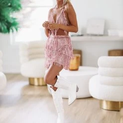 HAZEL & OLIVE Have Fun Sequin Fringe Crop Top And Skirt Set - Pink -HAZEL & OLIVE shop hazel olive have fun sequin fringe crop top and skirt set pink 37424808558786