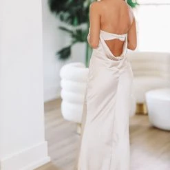 HAZEL & OLIVE Infinite Satin Maxi Dress - Ivory -HAZEL & OLIVE shop hazel olive infinite satin maxi dress champagne ivory 36905349578946