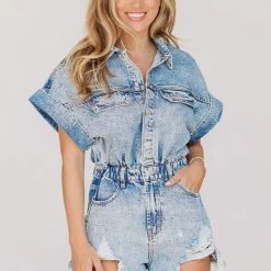 HAZEL & OLIVE Just So You Know Denim Romper - Blue Acid Washed