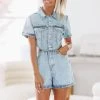 HAZEL & OLIVE Leave The Night Denim Romper - Medium Wash -HAZEL & OLIVE shop hazel olive leave the night denim romper medium wash 37428972355778