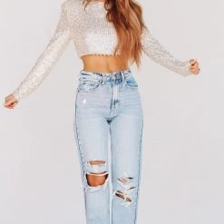 HAZEL & OLIVE Like A Boss Sequin And Pearl Crop Top - Cream -HAZEL & OLIVE shop hazel olive like a boss sequin and pearl crop top cream 34751550259394