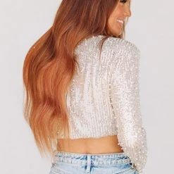 HAZEL & OLIVE Like A Boss Sequin And Pearl Crop Top - Cream -HAZEL & OLIVE shop hazel olive like a boss sequin and pearl crop top cream 34751550718146