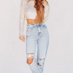 HAZEL & OLIVE Like A Boss Sequin And Pearl Crop Top - Cream -HAZEL & OLIVE shop hazel olive like a boss sequin and pearl crop top cream 34751550750914