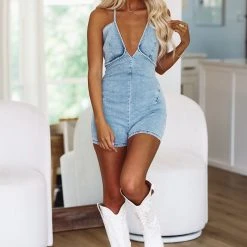 HAZEL & OLIVE Perfect For Play Denim Romper - Light Medium Wash