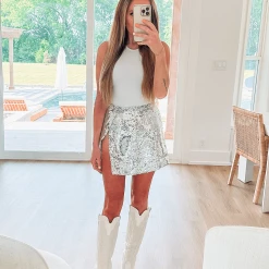 HAZEL & OLIVE Play My Favorite Song Mini Sequin Skirt- Silver -HAZEL & OLIVE shop hazel olive play my favorite song mini sequin skirt silver 37349943574722