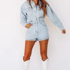 HAZEL & OLIVE Roll With Us Denim Romper - Light Wash