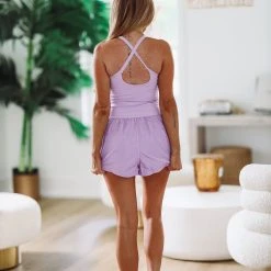 HAZEL & OLIVE Romp Around Town Cut Out Athletic Romper - Lavender -HAZEL & OLIVE shop hazel olive romp around town cut out athletic romper lavender 37572045832386