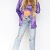 HAZEL & OLIVE Satin Blazer And Crop Top Set - Purple -HAZEL & OLIVE shop hazel olive satin blazer and crop top set purple 36092131442882