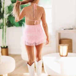 HAZEL & OLIVE Shake It For Me Fringe Romper Dress - Pink -HAZEL & OLIVE shop hazel olive shake it for me fringe romper dress pink 37257114124482