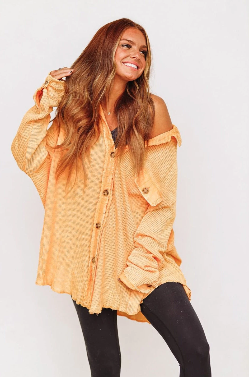 Waffle Knit Button Down Shacket - Bright Orange HAZEL & OLIVE Waffle Knit Button Down Shacket - Bright Orange -HAZEL & OLIVE shop hazel olive waffle knit button down shacket bright orange 35583647383746