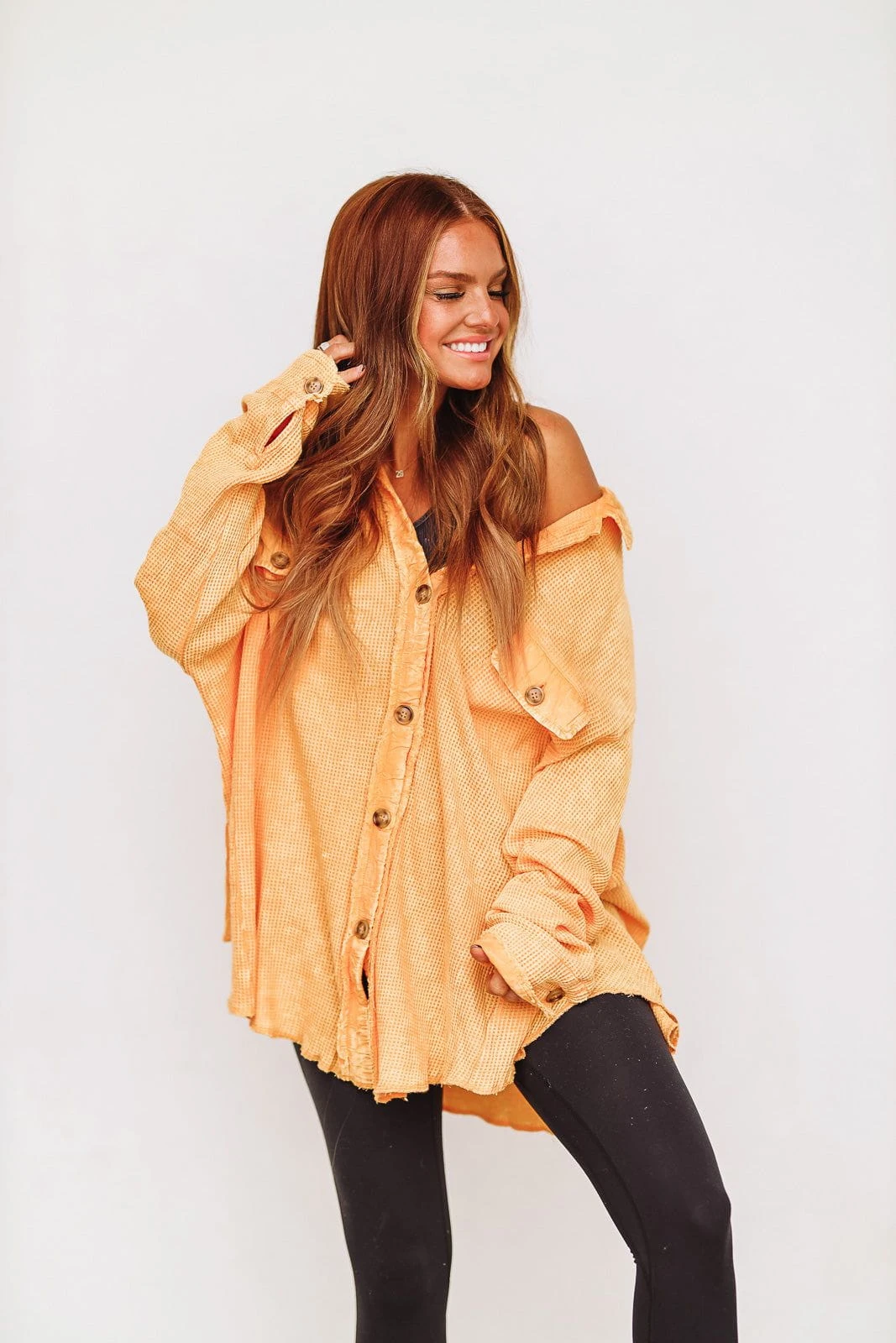 Waffle Knit Button Down Shacket - Bright Orange HAZEL & OLIVE Waffle Knit Button Down Shacket - Bright Orange -HAZEL & OLIVE shop hazel olive waffle knit button down shacket bright orange 35583647449282