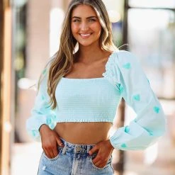 HAZEL & OLIVE Wear Your Heart On Your Sleeve Crop Top - Light Blue -HAZEL & OLIVE shop hazel olive wear your heart on your sleeve crop top light blue 36135732773058